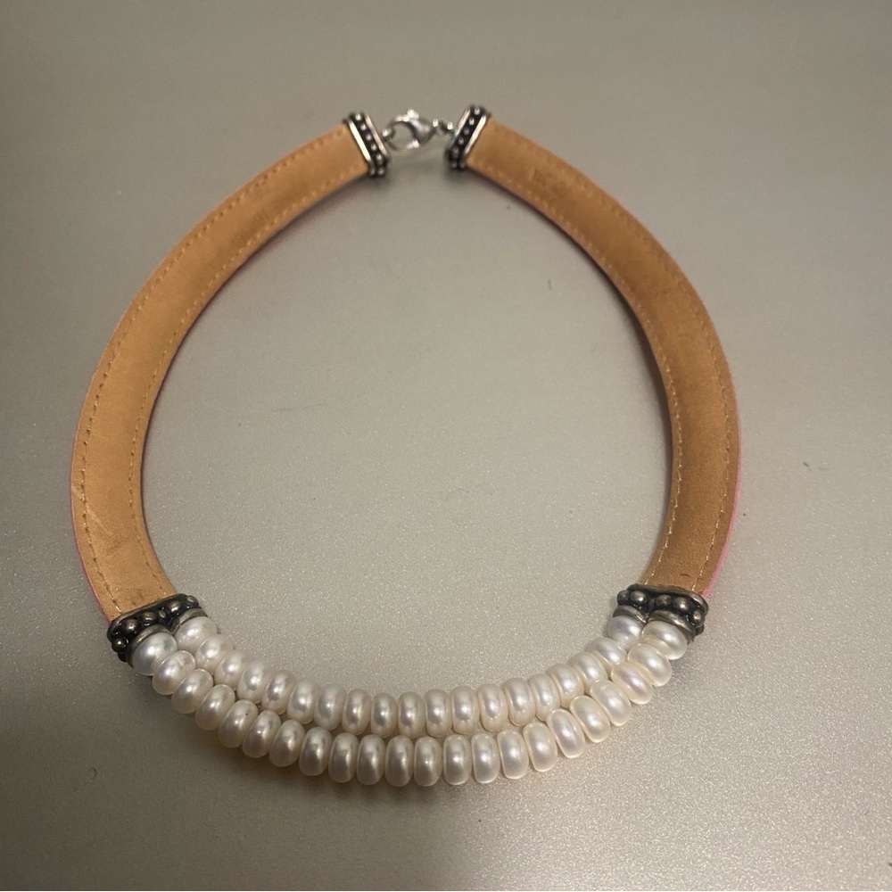 NWOT Honora 925 Sterling Silver Pink Genuine Leather Pearl Chocker Necklace - Picture 7 of 9